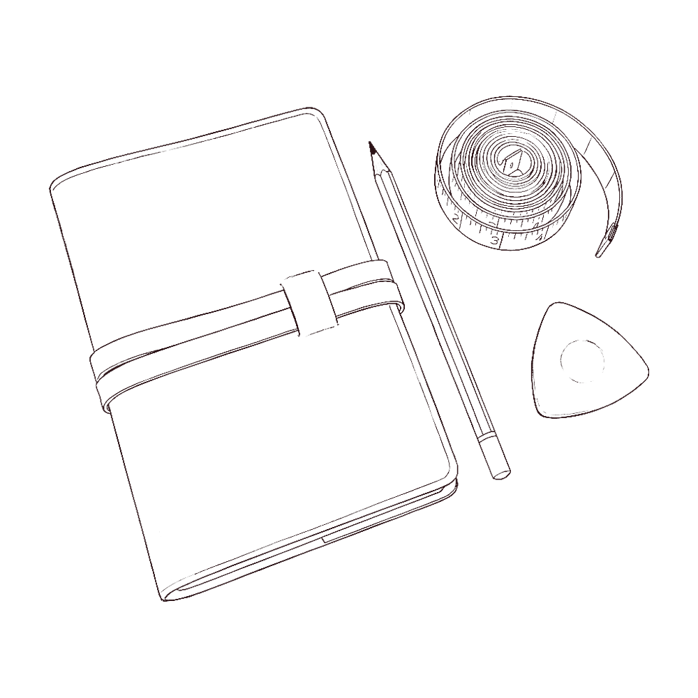 Drawing of a notebook, pencil, tape measure and tailor's chalk