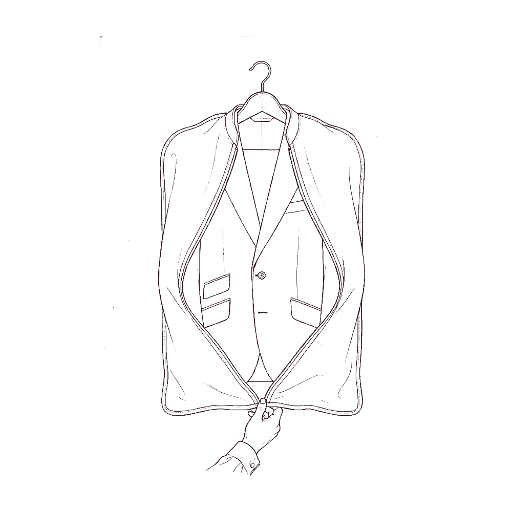 Drawing of a finished suit on a hanger with folded trousers