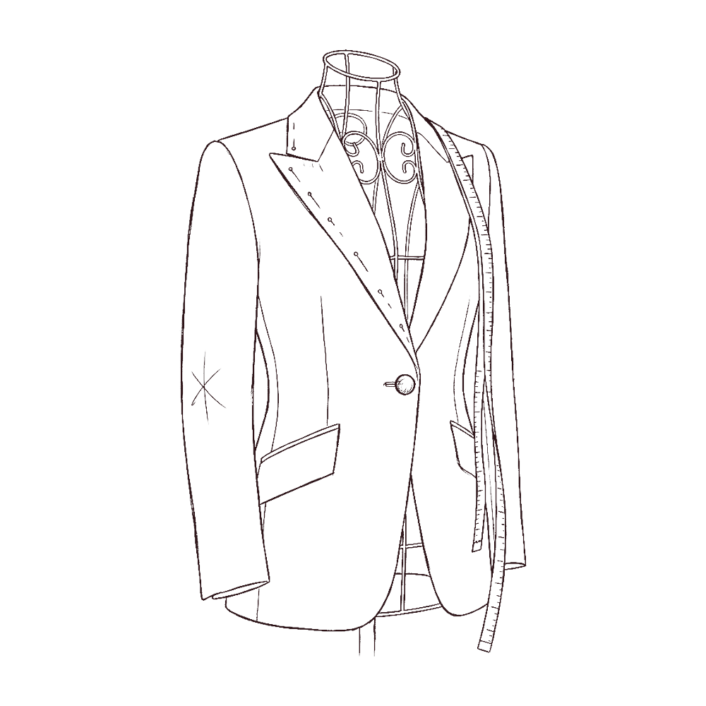 Drawing of a half-made jacket pinned and chalked on a dress form